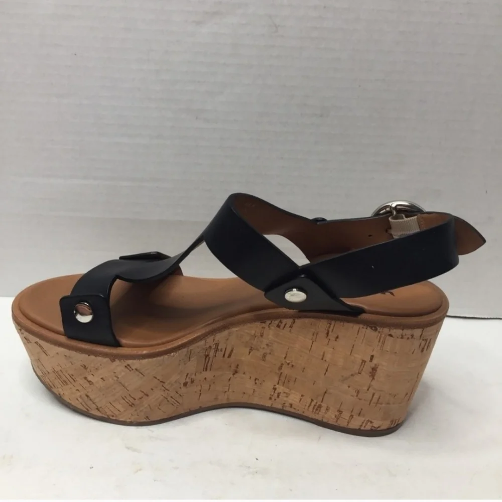 FRYE // dahlia black leather upper rivet detail platform cork wedge sandals